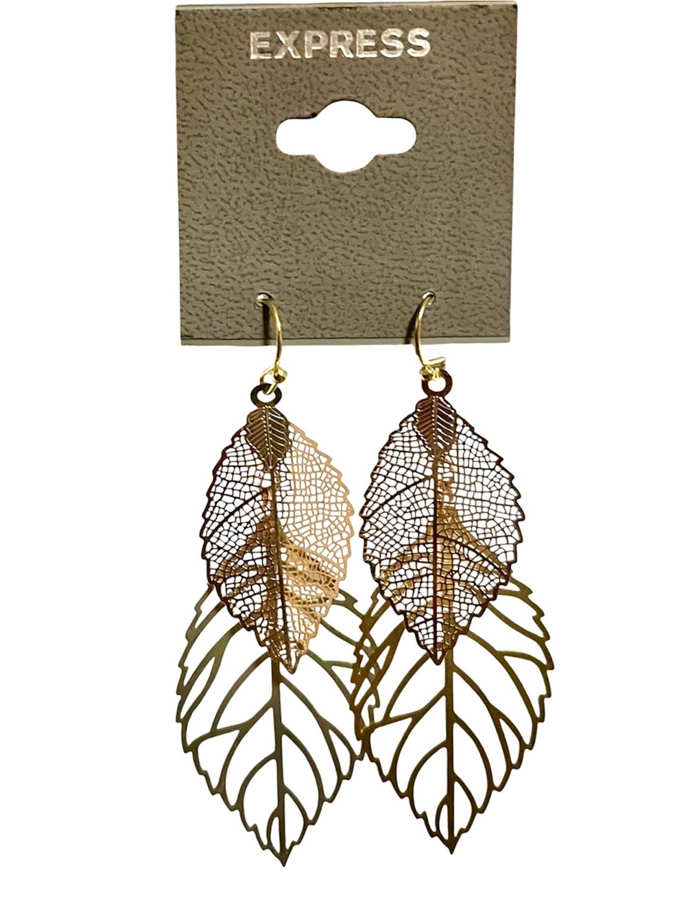 Express Gold Double Leaf Filigree Drop Earrings NWT